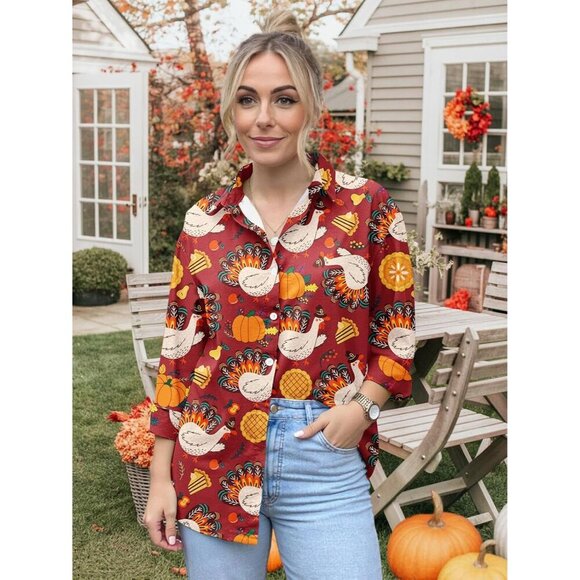 Women's Fall Graphic Long Sleeve Blouse for Thanksgiving and Halloween - Picture 3 of 7